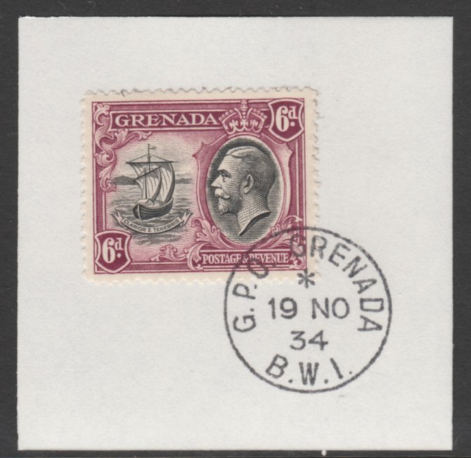 Grenada 1934-36 KG5 Pictorial 6d black & purple (SG 141) on piece with full strike of Madame Joseph forged postmark type 201, stamps on , stamps on  stamps on , stamps on  stamps on  kg5 , stamps on  stamps on badge, stamps on  stamps on 