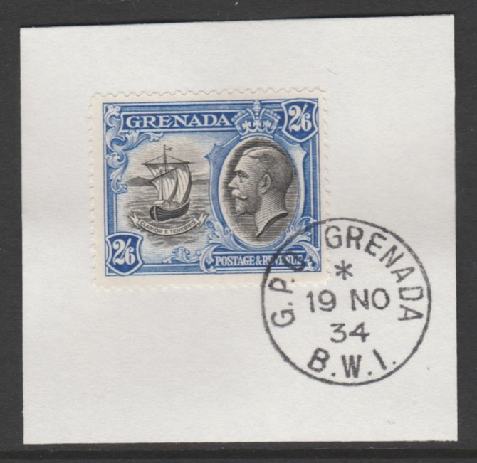 Grenada 1934-36 KG5 Pictorial 2s6d black & ultramarine (SG 143) on piece with full strike of Madame Joseph forged postmark type 201