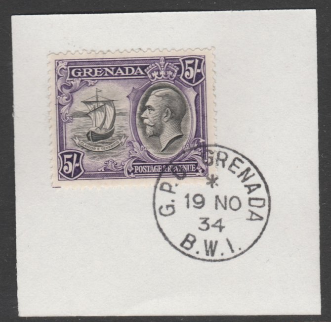 Grenada 1934-36 KG5 Pictorial 5s black & violet (SG 144) on piece with full strike of Madame Joseph forged postmark type 201, stamps on , stamps on  kg5 , stamps on badge, stamps on 