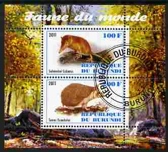 Burundi 2011 Fauna of the World - Mammals (Tenrec & Solenodon) perf sheetlet containing 2 values fine cto used, stamps on animals, stamps on mammals