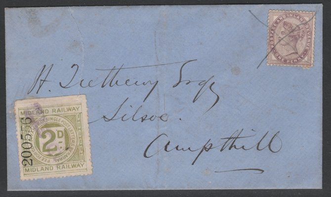 GB QV Midland Railway cover to Ampthill (undated) bearing 1d lilac with MR 2d green. (Cover torn top left), stamps on 