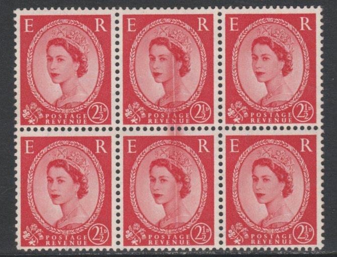 GB 1952 Wilding 2.5d Tudor crown  unmounted mint block of 6 with fine doctor blade flaw affecting 2 centre stamps, stamps on , stamps on  stamps on gb 1952 wilding 2.5d tudor crown  unmounted mint block of 6 with fine doctor blade flaw affecting 2 centre stamps