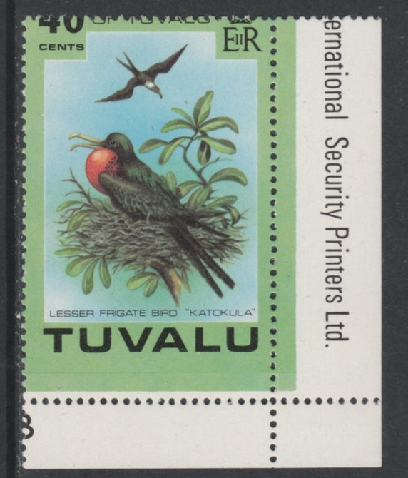 Tuvalu 1978 Birds 40c Frigate Bird  unmounted mint corner single with fine misplacement of perfs, as SG84, stamps on , stamps on  stamps on tuvalu 1978 birds 40c frigate bird  unmounted mint corner single with fine misplacement of perfs, stamps on  stamps on  as sg84