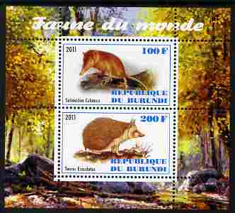 Burundi 2011 Fauna of the World - Mammals (Tenrec & Solenodon) perf sheetlet containing 2 values unmounted mint, stamps on animals, stamps on mammals