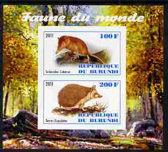 Burundi 2011 Fauna of the World - Mammals (Tenrec & Solenodon) imperf sheetlet containing 2 values unmounted mint, stamps on animals, stamps on mammals