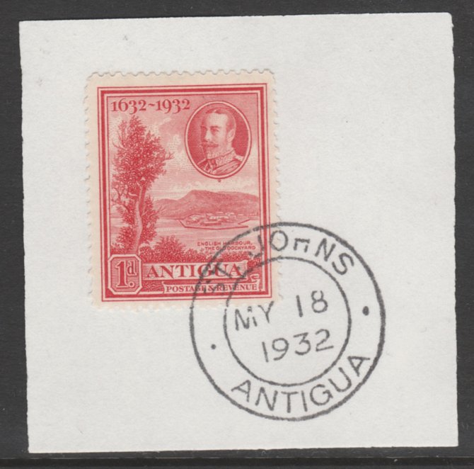 Antigua 1932 KG5 Tercentenary 1d scarlet SG 82 on piece with full strike of Madame Joseph forged postmark type 14, stamps on , stamps on  stamps on , stamps on  stamps on  kg5 , stamps on  stamps on ports, stamps on  stamps on harbours