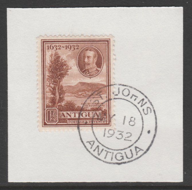 Antigua 1932 KG5 Tercentenary 1.5d brown SG 83 on piece with full strike of Madame Joseph forged postmark type 14, stamps on , stamps on  stamps on , stamps on  stamps on  kg5 , stamps on  stamps on ports, stamps on  stamps on harbours