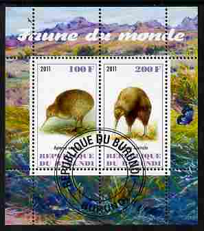 Burundi 2011 Fauna of the World - Kiwis perf sheetlet containing 2 values fine cto used, stamps on birds, stamps on kiwis