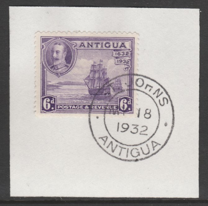 Antigua 1932 KG5 Tercentenary 6d violet SG 87 on piece with full strike of Madame Joseph forged postmark type 14