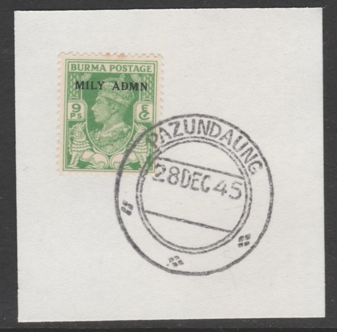 Burma 1945 Mily Admin opt on KG6 9p yellow-green SG 38 on piece with full strike of Madame Joseph forged postmark type 106, stamps on , stamps on  stamps on , stamps on  stamps on  kg6 , stamps on  stamps on 