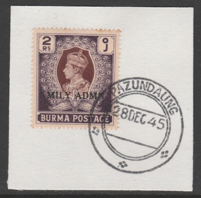 Burma 1945 Mily Admin opt on KG6 2r brown & purple SG 48 on piece with full strike of Madame Joseph forged postmark type 106, stamps on , stamps on  kg6 , stamps on 