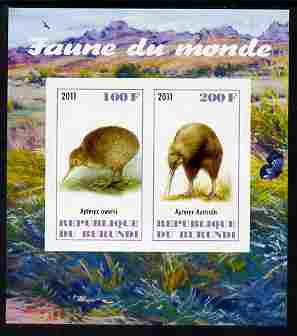 Burundi 2011 Fauna of the World - Kiwis imperf sheetlet containing 2 values unmounted mint, stamps on , stamps on  stamps on birds, stamps on  stamps on kiwis