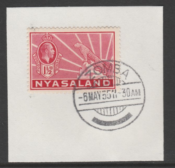 Nyasaland 1934-35 KG5 Leopard Symbol 1.5d carmine SG 116 on piece with full strike of Madame Joseph forged postmark type 314