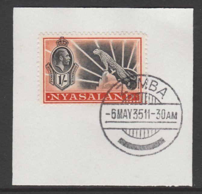 Nyasaland 1934-35 KG5 Leopard Symbol 1s black & orange SG 122 on piece with full strike of Madame Joseph forged postmark type 314, stamps on , stamps on  kg5 , stamps on arms, stamps on leopard, stamps on cats