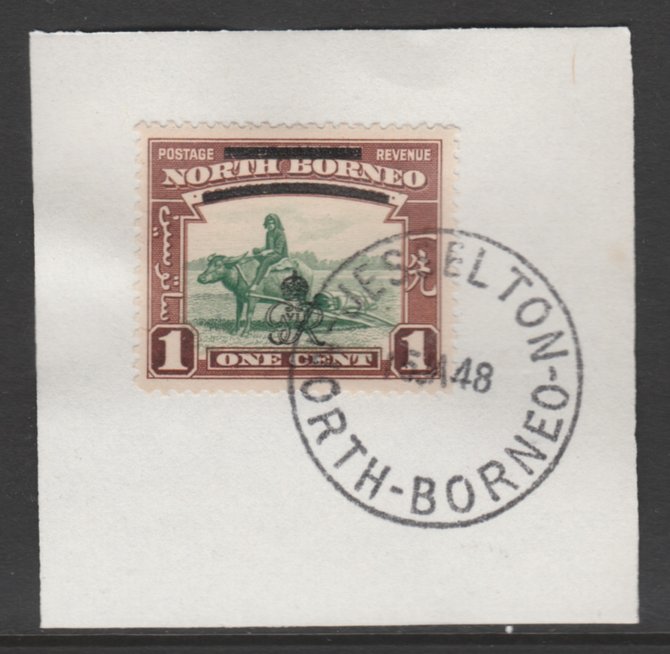 North Borneo 1947 KG6 Crown Colony 1c SG 335 on piece with full strike of Madame Joseph forged postmark type 311, stamps on animals, stamps on apes
