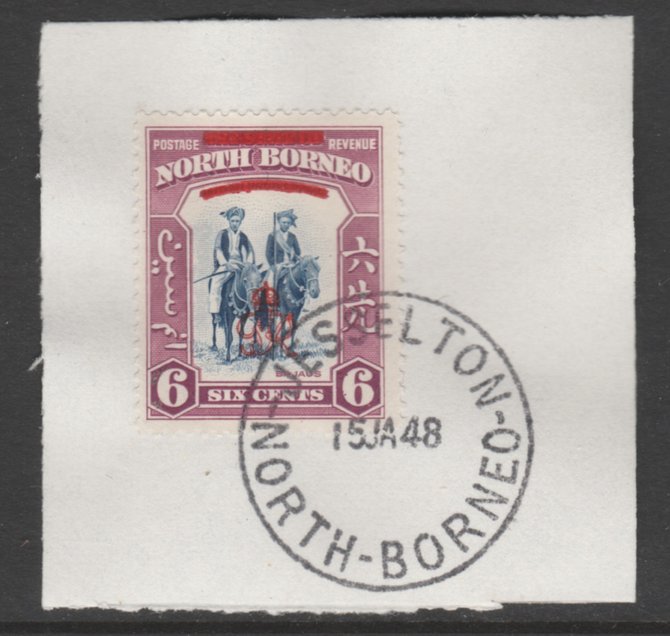 North Borneo 1947 KG6 Crown Colony 6c SG 339 on piece with full strike of Madame Joseph forged postmark type 311, stamps on , stamps on  stamps on animals, stamps on  stamps on apes