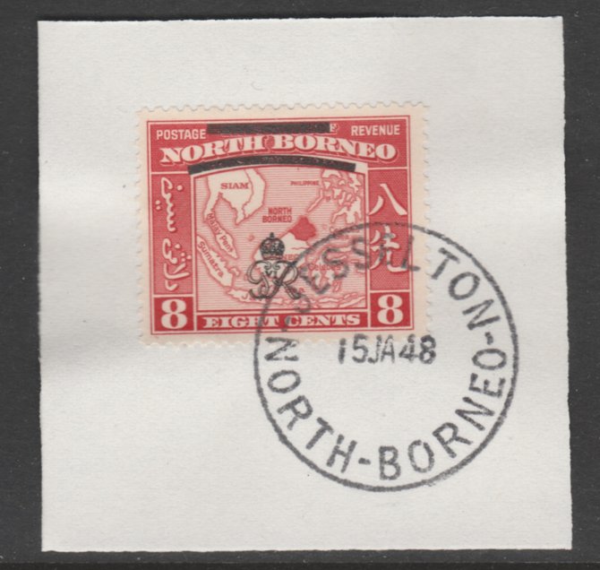 North Borneo 1947 KG6 Crown Colony 8c SG 340 on piece with full strike of Madame Joseph forged postmark type 311, stamps on , stamps on  stamps on animals, stamps on  stamps on apes