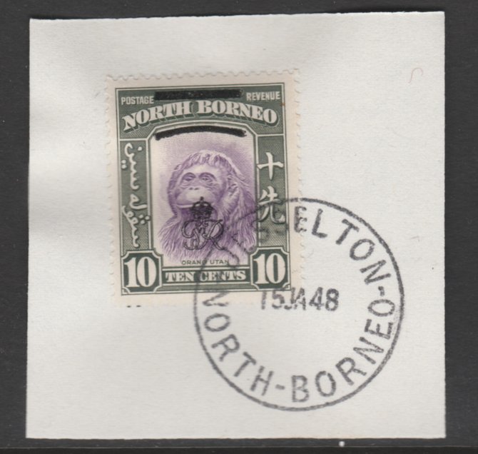 North Borneo 1947 KG6 Crown Colony 10c SG 341 on piece with full strike of Madame Joseph forged postmark type 311, stamps on , stamps on  stamps on animals, stamps on  stamps on apes