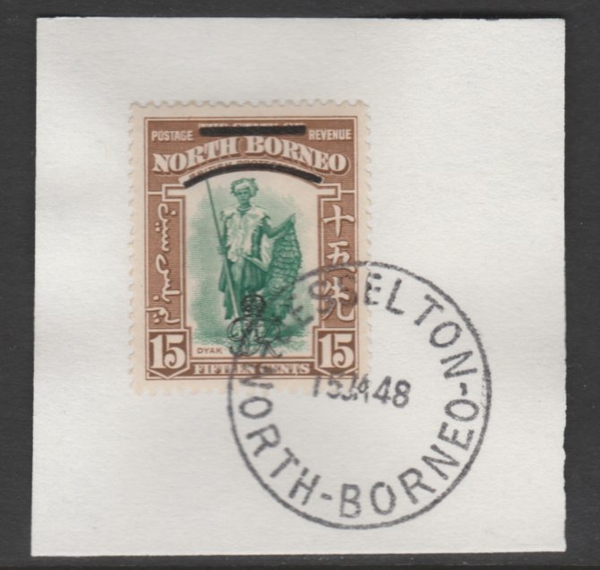 North Borneo 1947 KG6 Crown Colony 15c SG 343 on piece with full strike of Madame Joseph forged postmark type 311, stamps on animals, stamps on apes
