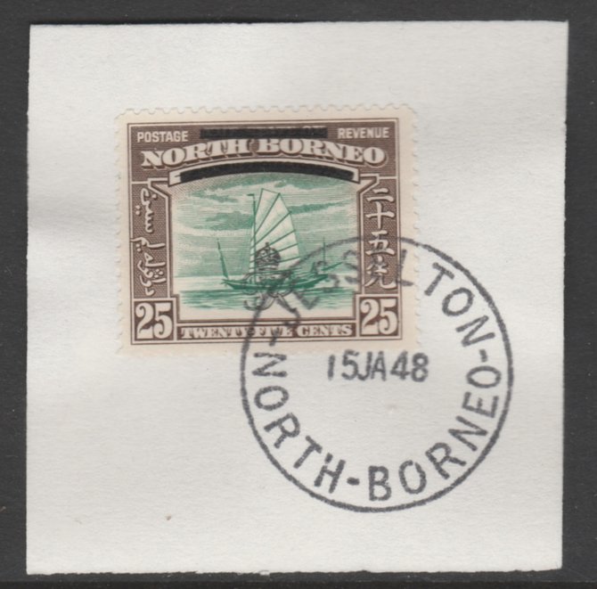 North Borneo 1947 KG6 Crown Colony 25c SG 345 on piece with full strike of Madame Joseph forged postmark type 311, stamps on , stamps on  stamps on animals, stamps on  stamps on apes