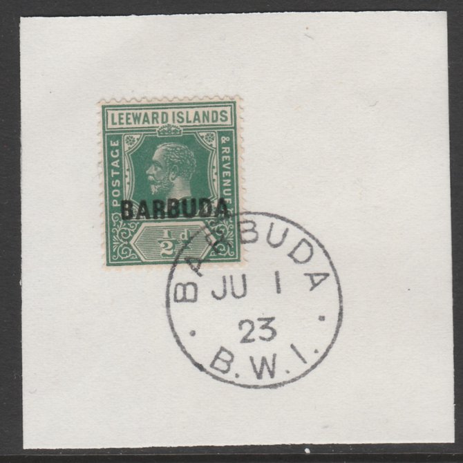 Barbuda 1922 overprint on Leeward Islands 1/2d green SG 1 on piece with full strike of Madame Joseph forged postmark type 50, stamps on , stamps on  stamps on , stamps on  stamps on  kg5 , stamps on  stamps on 