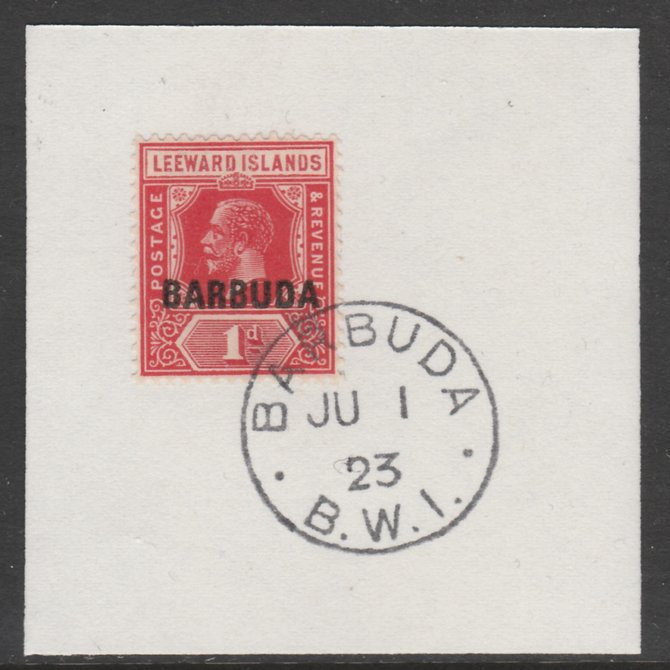 Barbuda 1922 overprint on Leeward Islands 1d scarlet SG 2 on piece with full strike of Madame Joseph forged postmark type 50