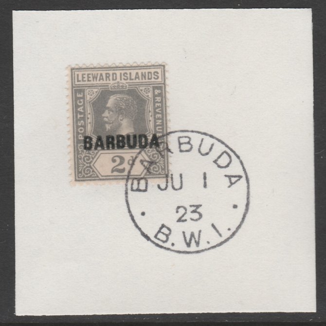 Barbuda 1922 overprint on Leeward Islands 2d grey SG 3 on piece with full strike of Madame Joseph forged postmark type 50, stamps on , stamps on  stamps on , stamps on  stamps on  kg5 , stamps on  stamps on 