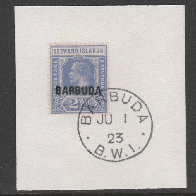 Barbuda 1922 overprint on Leeward Islands 2.5d bright blue SG 4 on piece with full strike of Madame Joseph forged postmark type 50