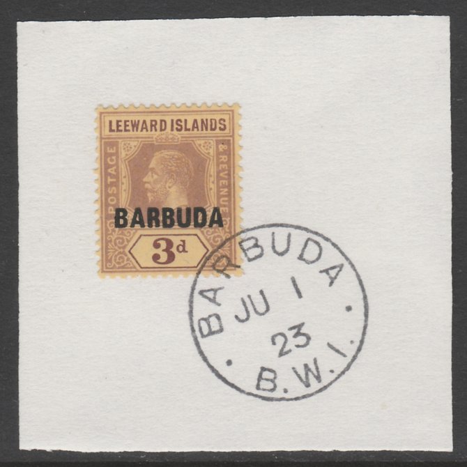 Barbuda 1922 overprint on Leeward Islands 3d purple on pale yellow SG 9 on piece with full strike of Madame Joseph forged postmark type 50, stamps on , stamps on  stamps on , stamps on  stamps on  kg5 , stamps on  stamps on 