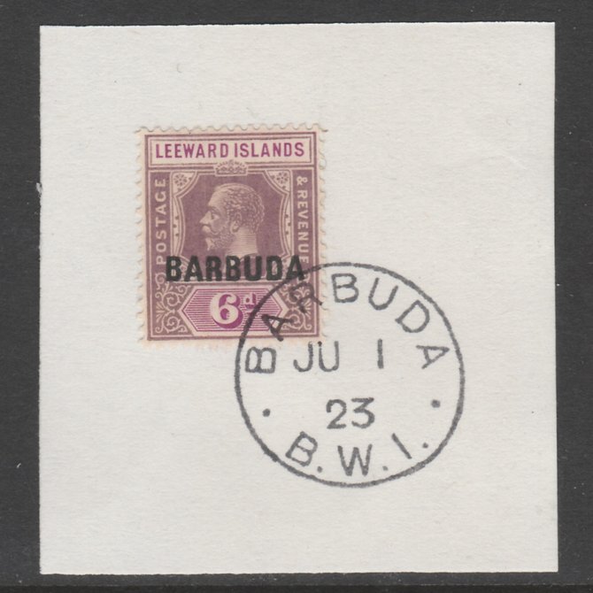 Barbuda 1922 overprint on Leeward Islands 6d dull & bright purple SG 5 on piece with full strike of Madame Joseph forged postmark type 50, stamps on , stamps on  stamps on , stamps on  stamps on  kg5 , stamps on  stamps on 