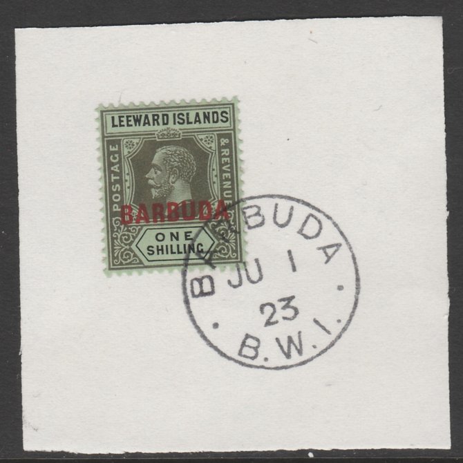 Barbuda 1922 overprint on Leeward Islands 1s black on emerald SG 10 on piece with full strike of Madame Joseph forged postmark type 50, stamps on , stamps on  kg5 , stamps on 