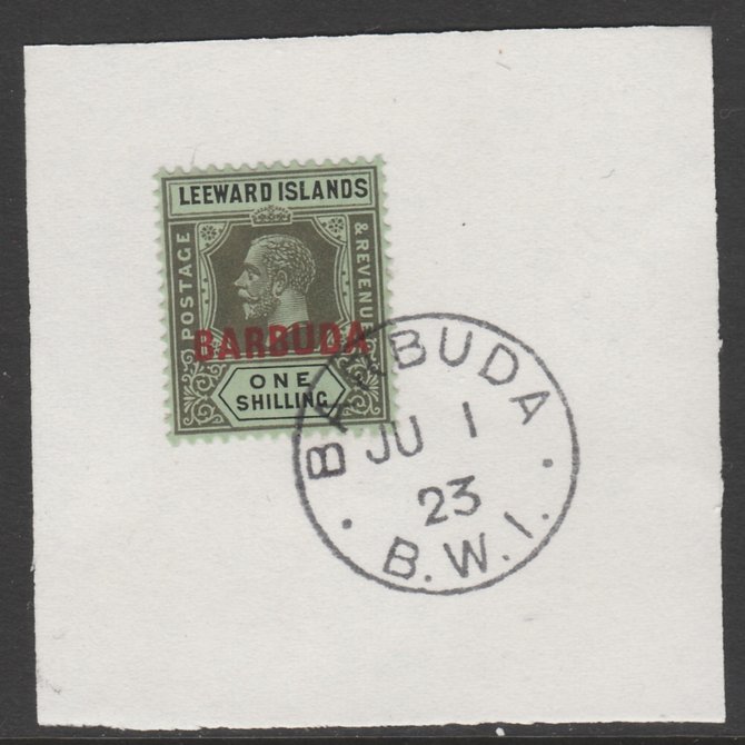 Barbuda 1922 overprint on Leeward Islands 1s black on emerald SG 10 on piece with full strike of Madame Joseph forged postmark type 50