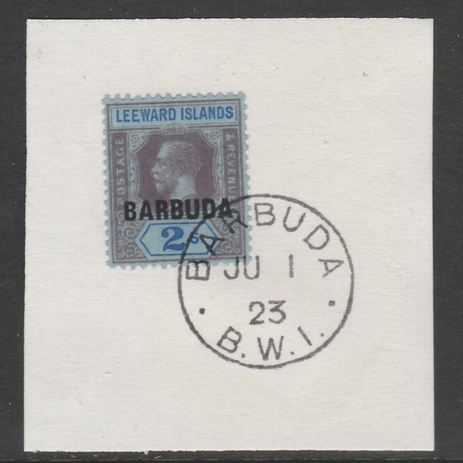 Barbuda 1922 overprint on Leeward Islands 2s purple & blue on blue SG 6 on piece with full strike of Madame Joseph forged postmark type 50, stamps on , stamps on  stamps on , stamps on  stamps on  kg5 , stamps on  stamps on 