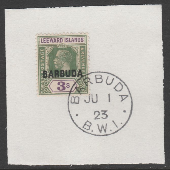 Barbuda 1922 overprint on Leeward Islands 3s bright green & violet SG 7 on piece with full strike of Madame Joseph forged postmark type 50, stamps on , stamps on  kg5 , stamps on 