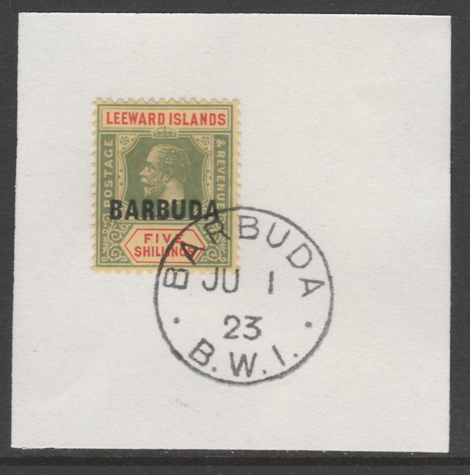 Barbuda 1922 overprint on Leeward Islands 5s green & red on yellow SG 11 on piece with full strike of Madame Joseph forged postmark type 50, stamps on , stamps on  stamps on , stamps on  stamps on  kg5 , stamps on  stamps on 