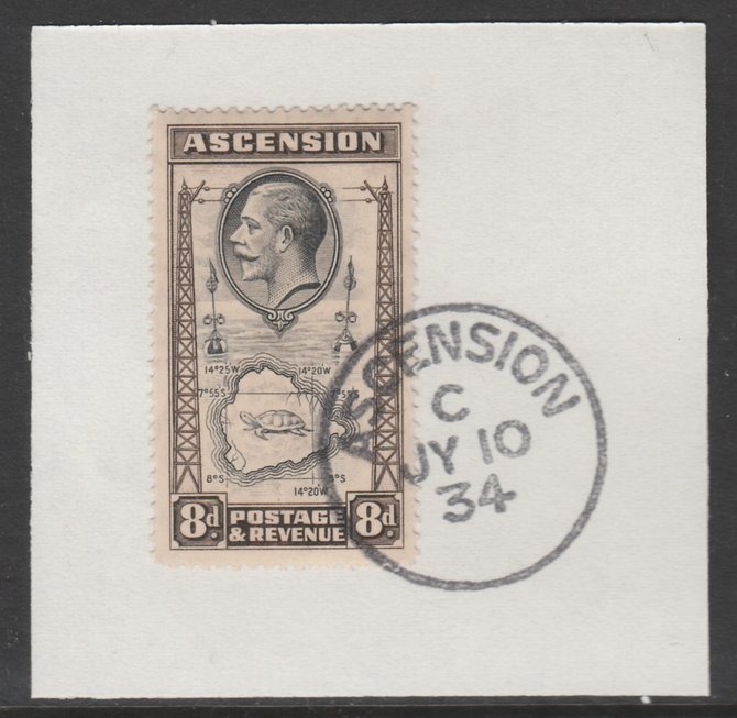 Ascension 1934 KG5 Pictorial 8d Map SG 27 on piece with full strike of Madame Joseph forged postmark type 21, stamps on , stamps on  stamps on , stamps on  stamps on  kg5 , stamps on  stamps on mountains