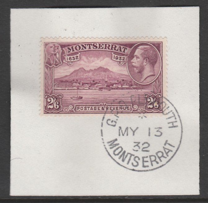 Montserrat 1932 KG5 Pictorial 2s6d purple (SG 92) on piece with full strike of Madame Joseph forged postmark type 258