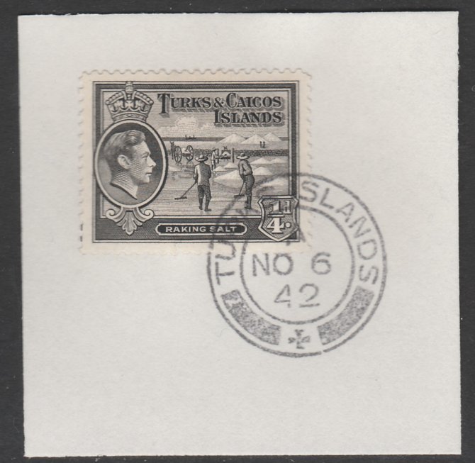 Turks & Caicos Islands 1938 KG6 Raking Salt 1/4d black  SG 194 on piece with full strike of Madame Joseph forged postmark type 427, stamps on salt, stamps on herbs, stamps on spices, stamps on food, stamps on , stamps on  kg6 , stamps on , stamps on minerals