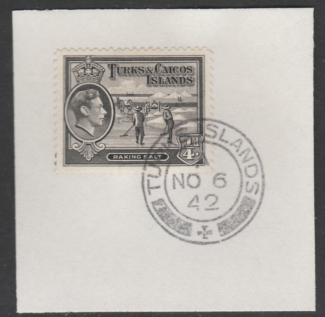 Turks & Caicos Islands 1938 KG6 Raking Salt 1/4d black  SG 194 on piece with full strike of Madame Joseph forged postmark type 427, stamps on , stamps on  stamps on salt, stamps on  stamps on herbs, stamps on  stamps on spices, stamps on  stamps on food, stamps on  stamps on , stamps on  stamps on  kg6 , stamps on  stamps on , stamps on  stamps on minerals