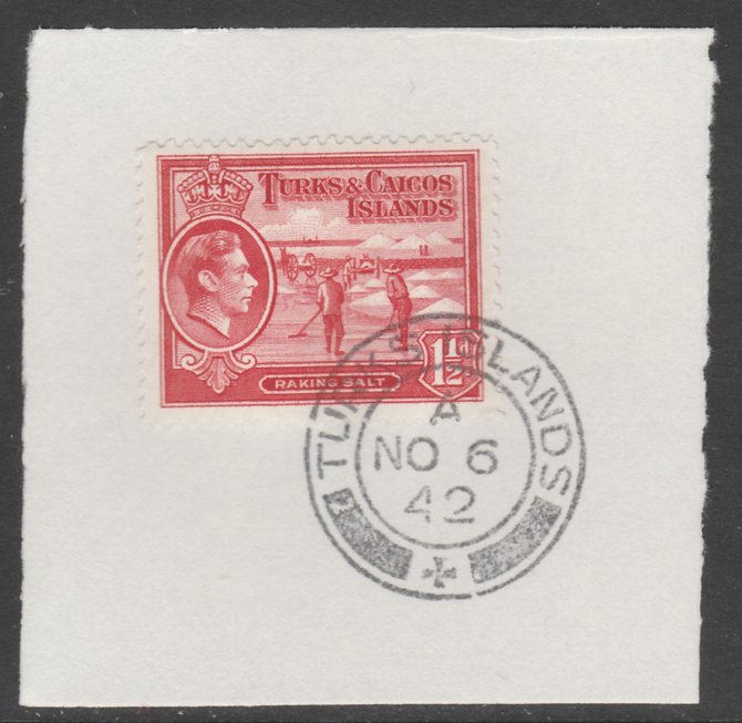 Turks & Caicos Islands 1938 KG6 Raking Salt 1.5d scarlet  SG 197 on piece with full strike of Madame Joseph forged postmark type 427, stamps on , stamps on  stamps on salt, stamps on  stamps on herbs, stamps on  stamps on spices, stamps on  stamps on food, stamps on  stamps on , stamps on  stamps on  kg6 , stamps on  stamps on , stamps on  stamps on minerals