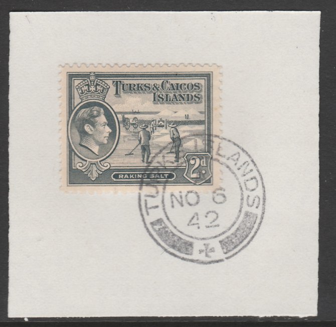 Turks & Caicos Islands 1938 KG6 Raking Salt 2d grey  SG 198 on piece with full strike of Madame Joseph forged postmark type 427, stamps on , stamps on  stamps on salt, stamps on  stamps on herbs, stamps on  stamps on spices, stamps on  stamps on food, stamps on  stamps on , stamps on  stamps on  kg6 , stamps on  stamps on , stamps on  stamps on minerals