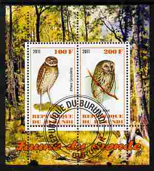 Burundi 2011 Fauna of the World - Owls perf sheetlet containing 2 values fine cto used, stamps on birds, stamps on birds of prey, stamps on owls