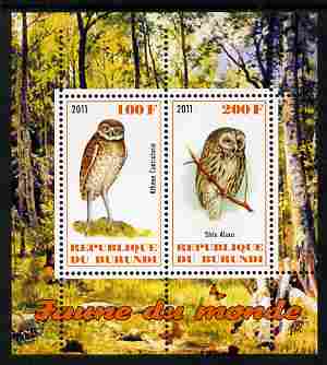 Burundi 2011 Fauna of the World - Owls perf sheetlet containing 2 values unmounted mint, stamps on birds, stamps on birds of prey, stamps on owls