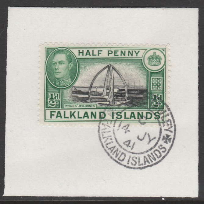 Falkland Islands 1938-50 KG6 Whales' Jawbones 1/2d SG 146 on piece with full strike of Madame Joseph forged postmark type 156, stamps on , stamps on  stamps on whales, stamps on  stamps on  kg6 , stamps on  stamps on 