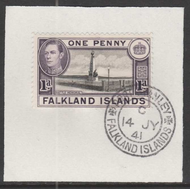 Falkland Islands 1938-50 KG6 Memorial 1d black & violet SG148 on piece with full strike of Madame Joseph forged postmark type 156, stamps on , stamps on  kg6 , stamps on 