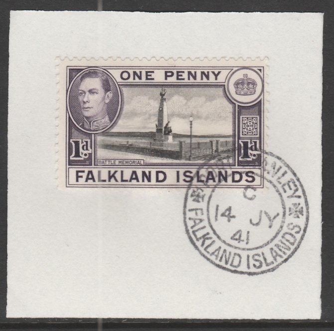 Falkland Islands 1938-50 KG6 Memorial 1d black & violet SG148 on piece with full strike of Madame Joseph forged postmark type 156, stamps on , stamps on  stamps on , stamps on  stamps on  kg6 , stamps on  stamps on 