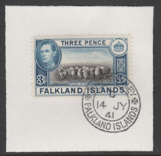 Falkland Islands 1938-50 KG6 Flock of Sheep 3d SG153on piece with full strike of Madame Joseph forged postmark type 156, stamps on , stamps on  stamps on , stamps on  stamps on  kg6 , stamps on  stamps on 