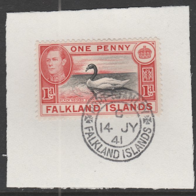 Falkland Islands 1938-50 KG6 Black-necked Swan 1d black & vermilian SG 147a on piece with full strike of Madame Joseph forged postmark type 156, stamps on , stamps on  stamps on birds, stamps on  stamps on swans, stamps on  stamps on  kg6 , stamps on  stamps on 