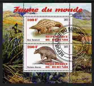 Burundi 2011 Fauna of the World - Mammals (Armidillos) perf sheetlet containing 2 values fine cto used, stamps on animals, stamps on mammals, stamps on armidillos