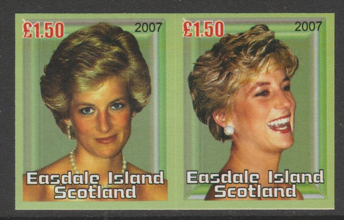 Easdale 2007 Princess Diana A31.50 #2 imperf se-tenant proof pair in all five colours but with an overall yellowish wash unmounted mint, stamps on , stamps on  stamps on easdale 2007 princess diana \a31.50 #2 imperf se-tenant proof pair in all five colours but with an overall yellowish wash unmounted mint